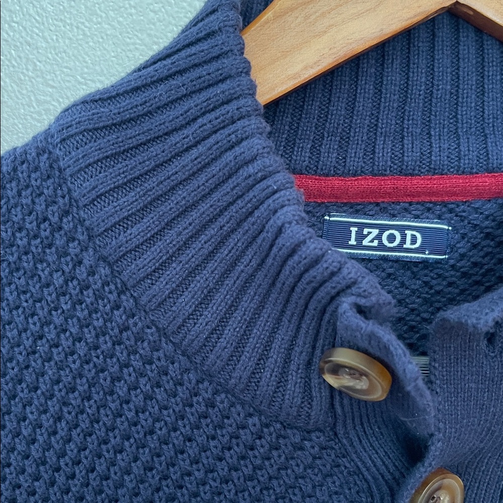 XL- IZOD Navy Textured V-Neck Button Pullover Sweater - Picture 5 of 9